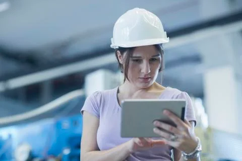 Female engineer using a digital tablet in an industrial plant Stock Photos