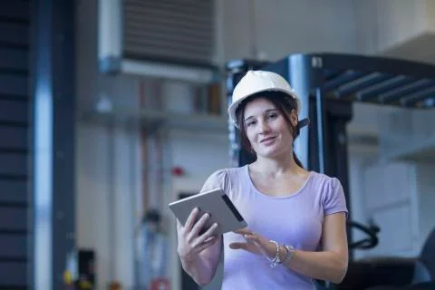 Female engineer using a digital tablet in an industrial plant Stock Photos