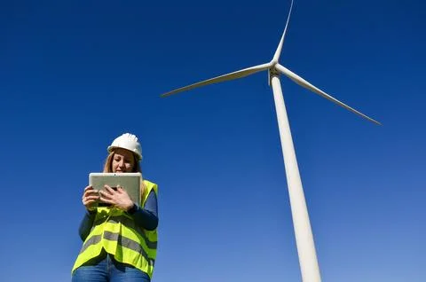 Female engineer using digital tablet working near wind turbine generating r.. Stock Photos