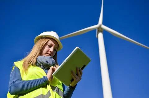 Female engineer using digital tablet working at wind turbine power plant Stock Photos