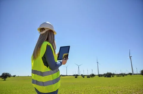 Female engineer using digital tablet working in wind turbine power plant Stock Photos