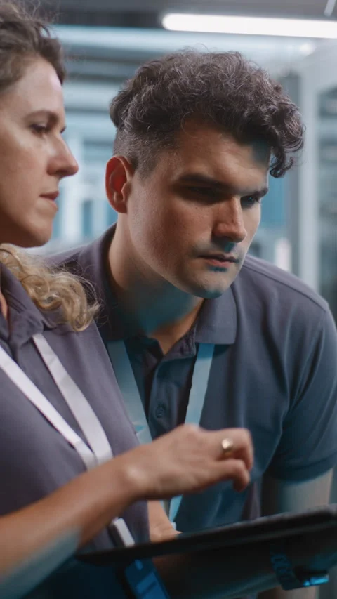 Female Engineer Using Laptop While Teammate Inspects Server Rack Stock Footage 344879813