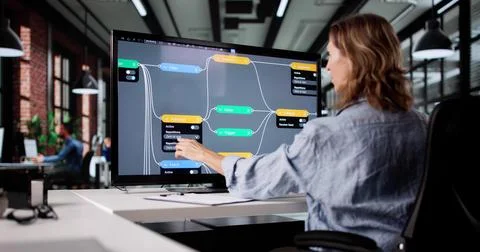 Female Engineer Using Node Editor For AI Business Research Online Stock Photos