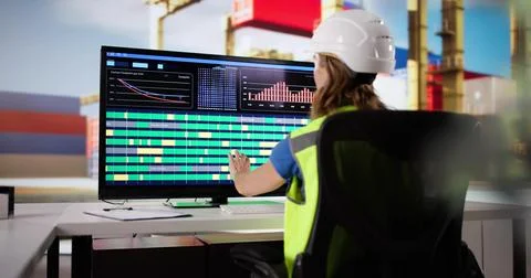 Female Engineer Using Scada System Control Panel At Export Port Stockfoto's