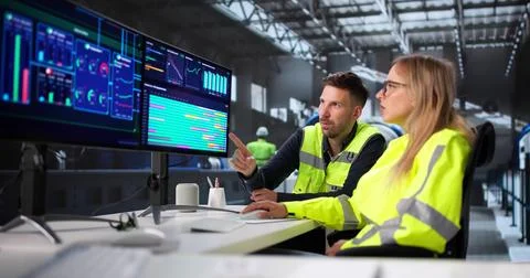 Female Engineer Using Scada System To Operate Oil Refinery Stock Photos