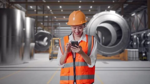 Female Engineer Using Smartphone at Heavy Factory 動画素材 340823409
