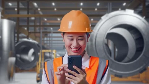 Female Engineer Using Smartphone at Heavy Factory Stock Footage 340825115
