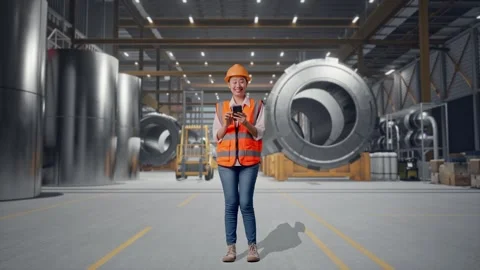 Female Engineer Using Smartphone at Heavy Factory Stock Footage 340826098