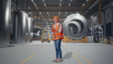 Female Engineer Using Smartphone at Heavy Factory Stock Footage 340826279