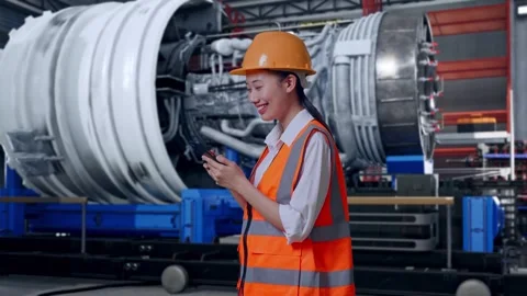 Female Engineer Using Smartphone With Jet Engine Stock Footage 306603851