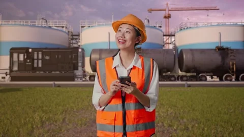 Female Engineer Using Smartphone at Oil Refinery Stock Footage 340143232