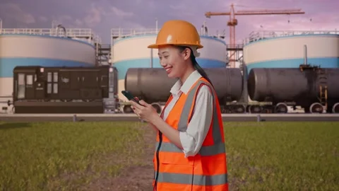 Female Engineer Using Smartphone at Oil Refinery Stock Footage 340143430