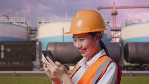 Female Engineer Using Smartphone at Oil Refinery Stock Footage 340144181
