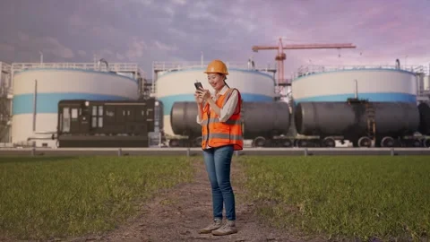 Female Engineer Using Smartphone at Oil Refinery Stock Footage 340144952