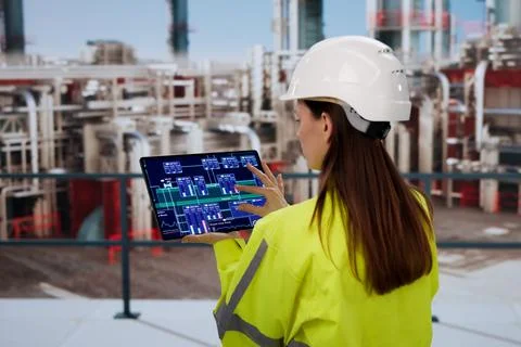 Female Engineer Using Tablet To Analyze Energy Data In Industrial Plant Stock Photos