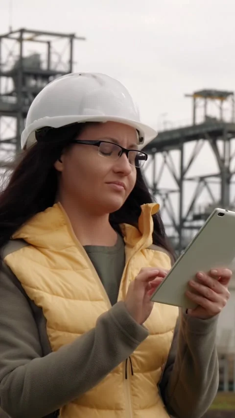 Female engineer using tablet at construction site while reviewing project plans Stock Footage 348573752
