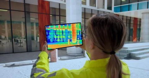 Female Engineer Using Thermal Camera To Make Energy Audit. Stock Photos