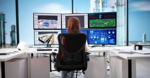 Female Engineer Utilizing CAD Software To Create 3D Factory Layout. Stock Photos