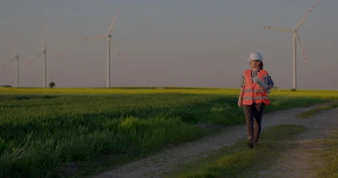Female Engineer Walking Inspecting Windmill Farm Wind Turbine Ecology Stock Footage 204049932