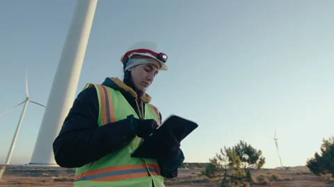 Female Engineer Walking at Wind Farm and Using Tablet Stock-Footage 237218975