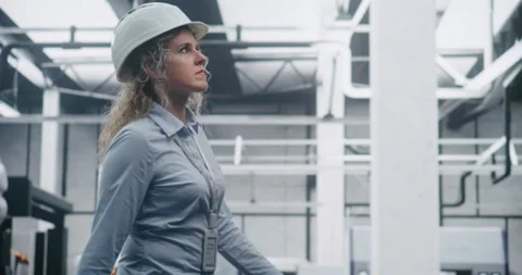 Female Engineer Wearing Protective Hard Hat Walks Attentively in High Tech Stock Footage 325733880