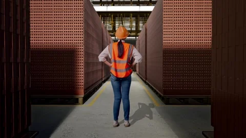 A Female Engineer While Standing With Arms Akimbo With Brick In Stacks Stock Footage 303763496