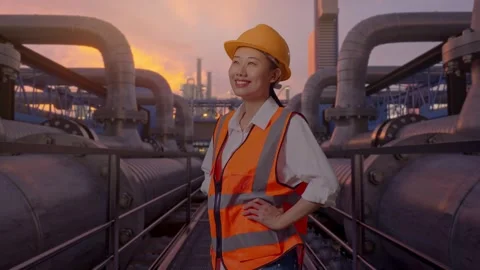 Female Engineer While Standing With Arms Akimbo, Industrial Pipeline Stock Footage 317551677