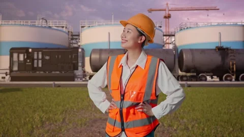 Female Engineer While Standing With Arms Akimbo at Oil Refinery Stock Footage 340142874