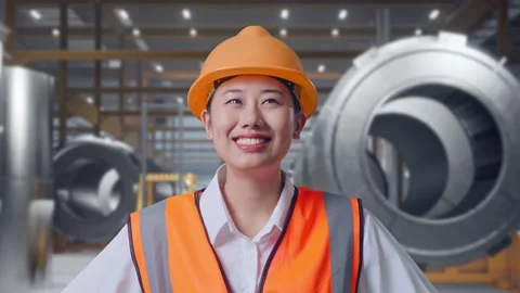 Female Engineer While Standing With Arms Akimbo at Heavy Factory Stock Footage 340824641