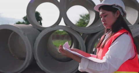 Female engineer in a white helmet reading data in a blueprint and checking th Stock Footage 162932981