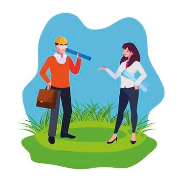 Female engineer worker with architect on the lawn Stock Illustration