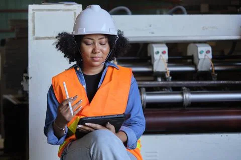 Female engineer worker quality control inspects by tablet at a paper factory. Stock Photos