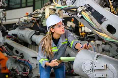 Female engineer worker working with robotic machine automation Foto stock