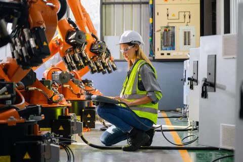 Female engineer worker working with robotic machine automation Stock Photos