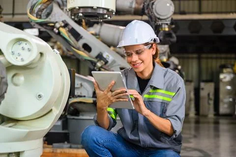 Female engineer worker working with robotic machine automation Stock Photos