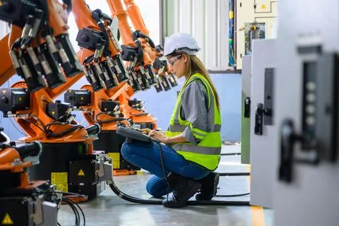 Female engineer worker working with robotic machine automation Foto stock