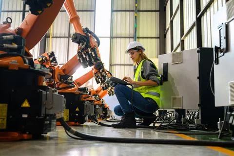 Female engineer worker working with robotic machine automation Foto stock