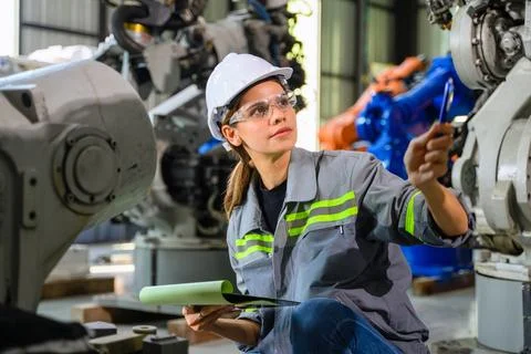 Female engineer worker working with robotic machine automation Stock Photos