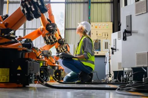 Female engineer worker working with robotic machine automation Stock Photos