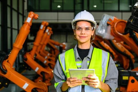 Female engineer worker working with robotic machine automation 스톡 사진