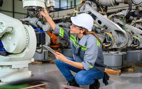 Female engineer worker working with robotic machine automation Foto stock