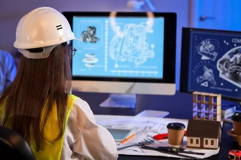 Female engineer working with computer in office at night, back view Stock Photos