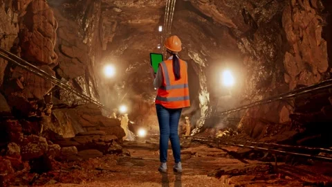 Female Engineer Working On A Green Screen Tablet In Mine Tunnel Stock Footage 299580914
