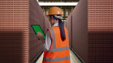 Female Engineer Working On A Green Screen Tablet With Brick In Stacks Stock Footage 303762183