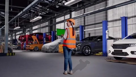 Female Engineer Working On A Green Screen Laptop in Auto Repair Shop Stock Footage 313530554