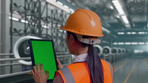 Female Engineer Working On A Green Screen Tablet, Aircraft Engine Factory Video stock 314608959