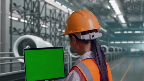 Female Engineer Working On A Green Screen Laptop, Aircraft Engine Factory 스톡 동영상 314608993