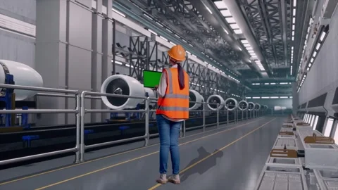 Female Engineer Working On A Green Screen Laptop, Aircraft Engine Factory Video stock 314609534