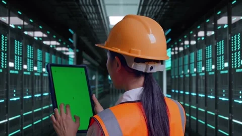 Female Engineer Working On A Green Screen Tablet in Data Center Video stock 321994821