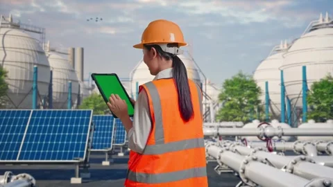 Female Engineer Working On A Green Screen Tablet at Energy Complex Stock Footage 330177485